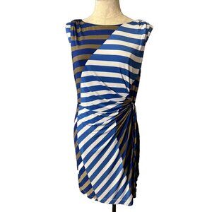 Tahari Dress Blue Green White 12 Stretch Stripe Sheath Career Church Sleeveless